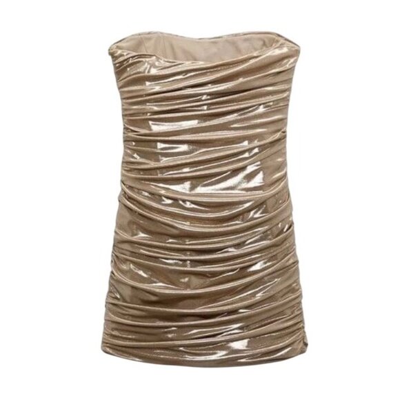 NWT Zara Gold Strapless Ruched Mini Dress • Y2K Baddie Party Club Glam Coquette - Picture 9 of 16